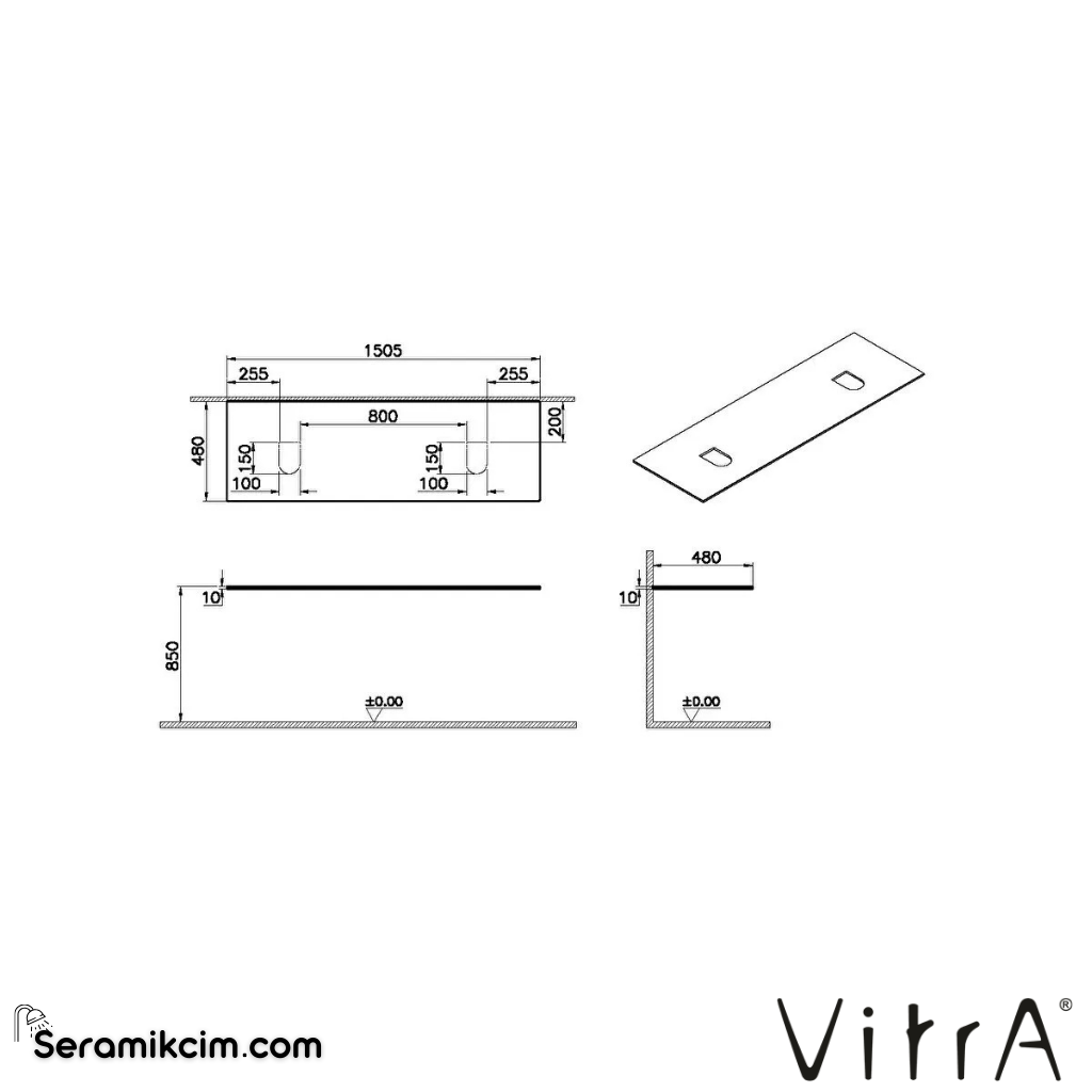 VitrA Origin Üst Tezgah 150 cm, cam armatür deliksiz, çift sifon delikli, beyaz 65751 - 65751