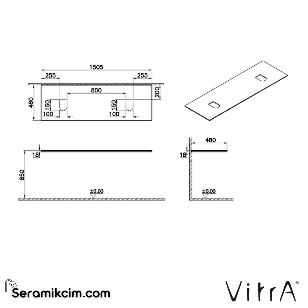 VitrA Origin Üst Tezgah 150 cm, neolith armatür deliksiz, çift sifon delikli, calacatta silk 65753 - 65753