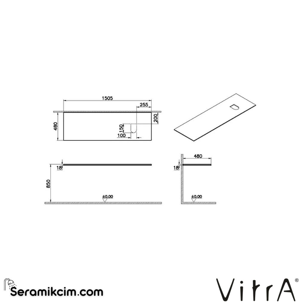 VitrA Origin Üst Tezgah 150 cm, neolith armatür delikli, sağ sifon delikli, calacatta silk 65750 - 65750