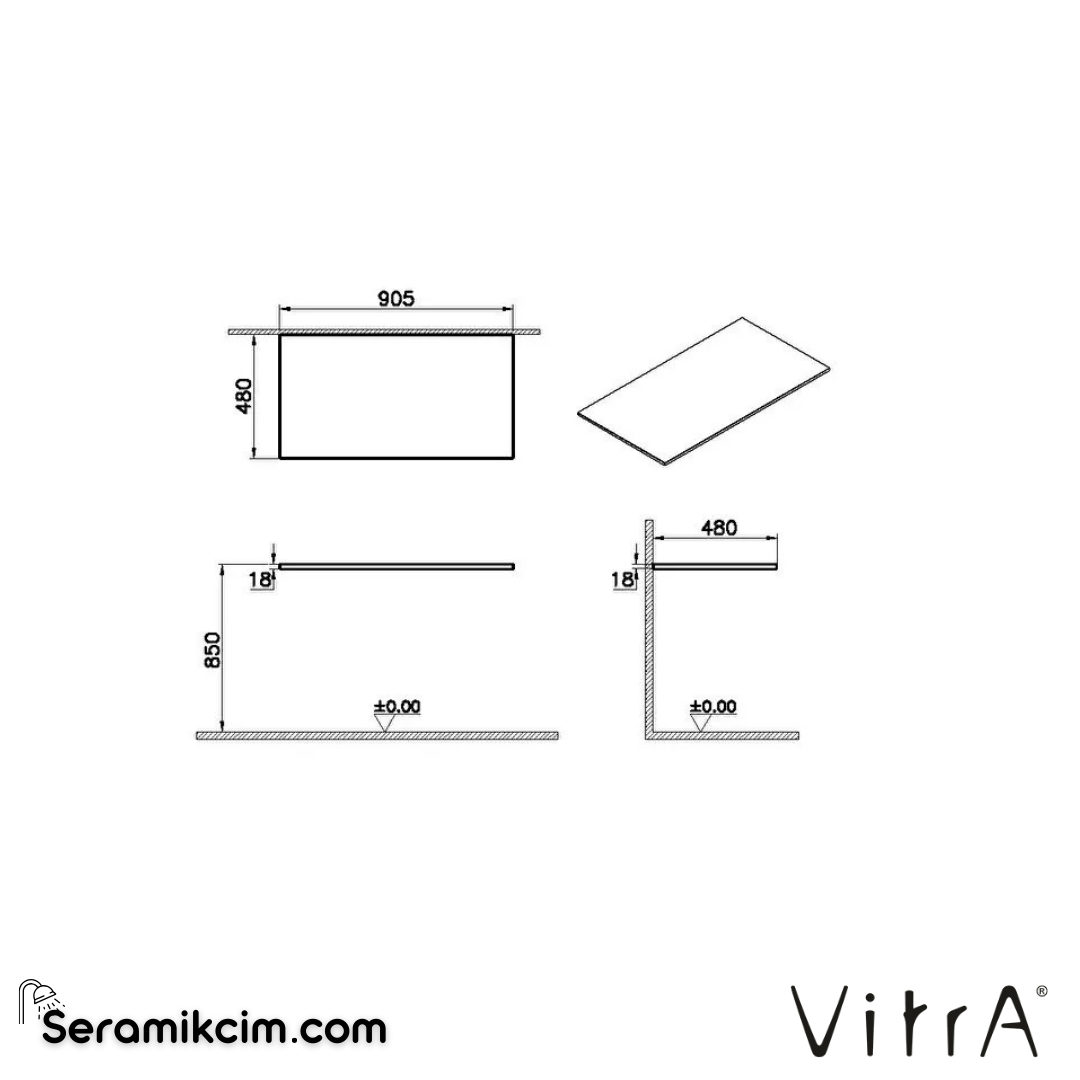 VitrA Origin Üst Tezgah 90 cm, neolith armatür deliksiz, sifon deliksiz, calacatta silk 65762 - 65762