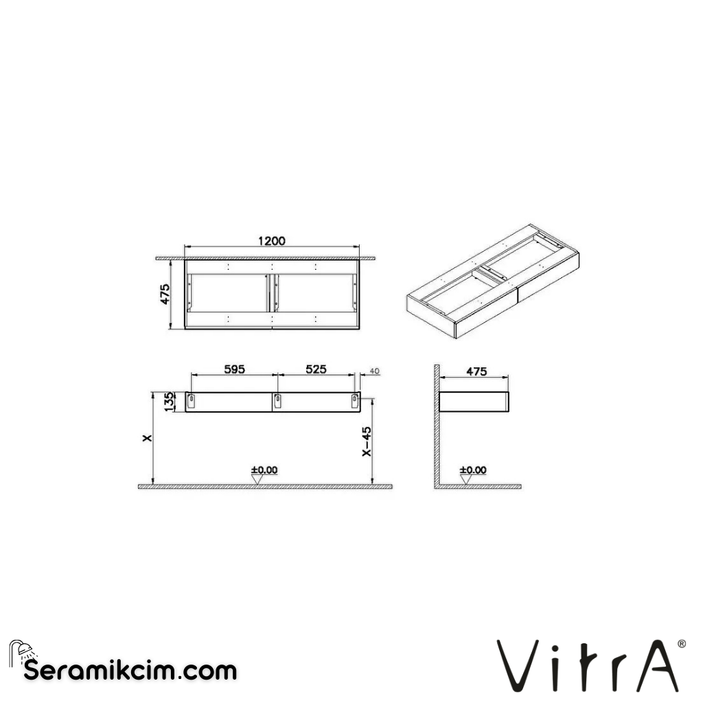 VitrA Origin Yan Ünite 120 cm, iki çekmeceli hareli siyah meşe 66971 - 66971