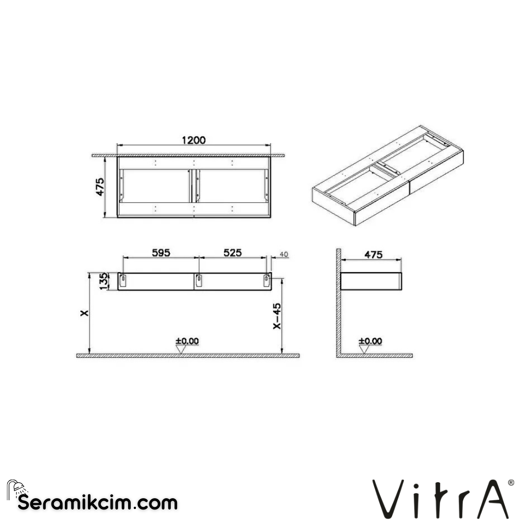 VitrA Origin Yan Ünite 120 cm, iki çekmeceli açık meşe 66969 - 66969