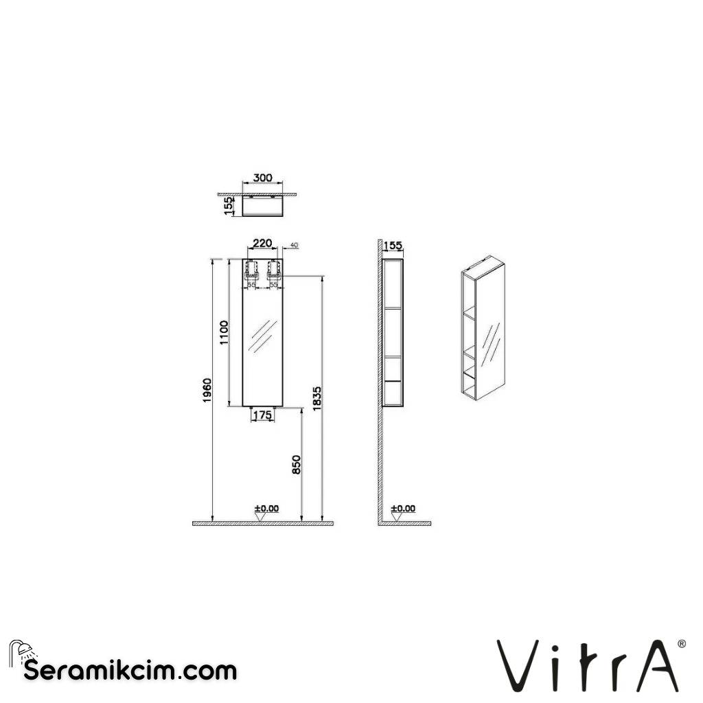 VitrA Origin Yan Ünite 30x110 cm, aynalı 66981 - 66981