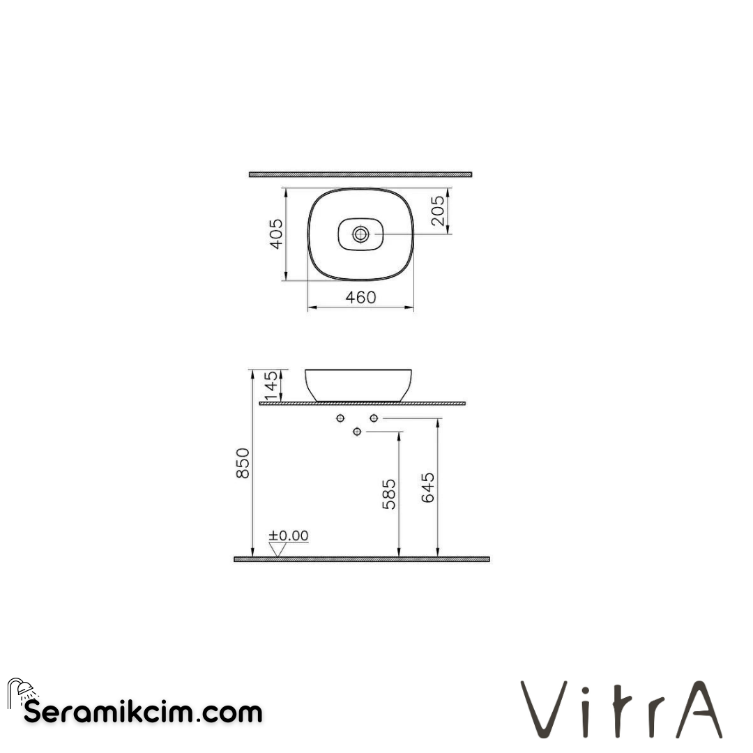 VitrA Outline Çanak Lavabo Dikdörtgen, 45x41 cm Armatür Deliksiz, Su Taşma Deliksiz, Clean, Mat Taş Gri - 5994B476-0016