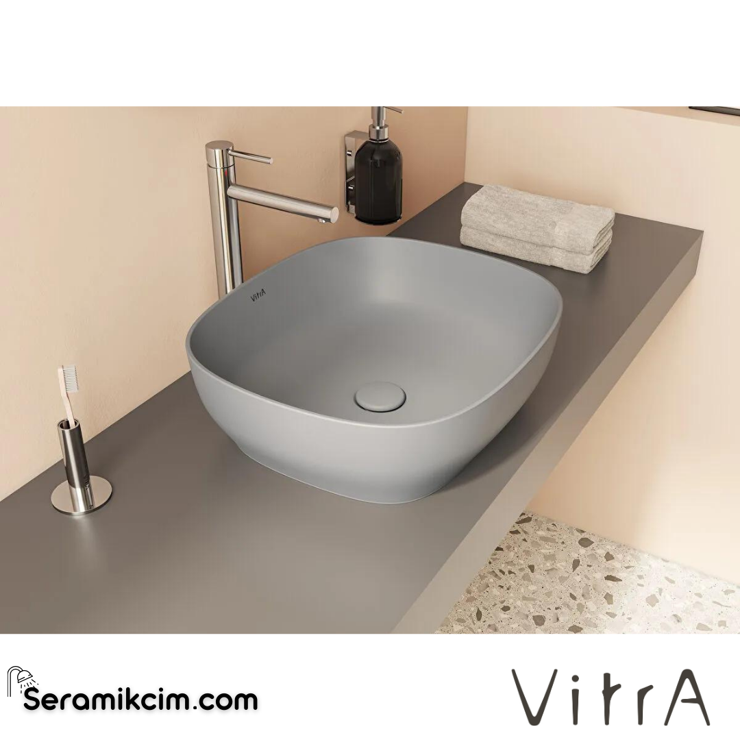VitrA Outline Çanak Lavabo Dikdörtgen, 45x41 cm Armatür Deliksiz, Su Taşma Deliksiz, Clean, Mat Taş Gri - 5994B476-0016