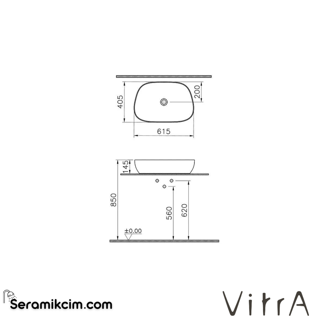 VitrA Outline Çanak Lavabo Tv Şekilli, 60x41 cm Armatür Deliksiz, Su Taşma Deliksiz, Clean, Mat Bej - 5993B420-0016