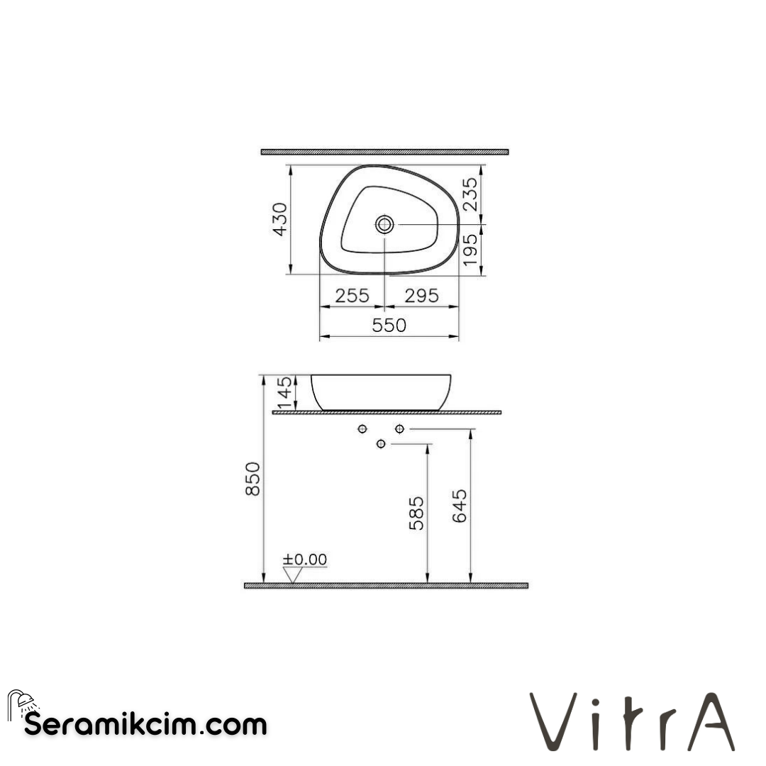 VitrA Outline Çanak Lavabo Tv Şekilli, 55x43 cm Armatür Deliksiz, Su Taşma Deliksiz, Clean, Beyaz - 5991B403-0016