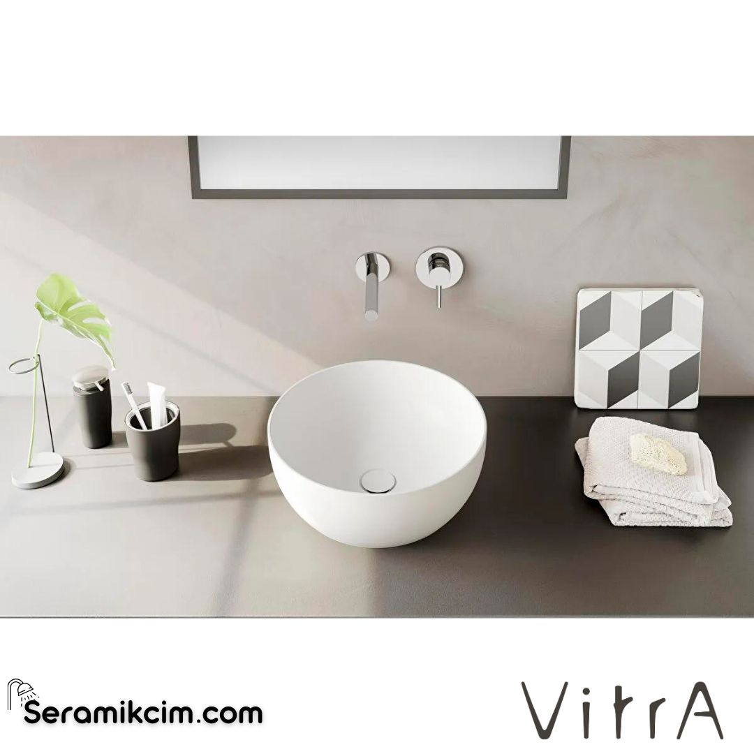 VitrA Outline Çanak Lavabo Yuvarlak, 40x40 cm Armatür Deliksiz, Su Taşma Deliksiz, Clean, Mat Beyaz - 5992B401-0016