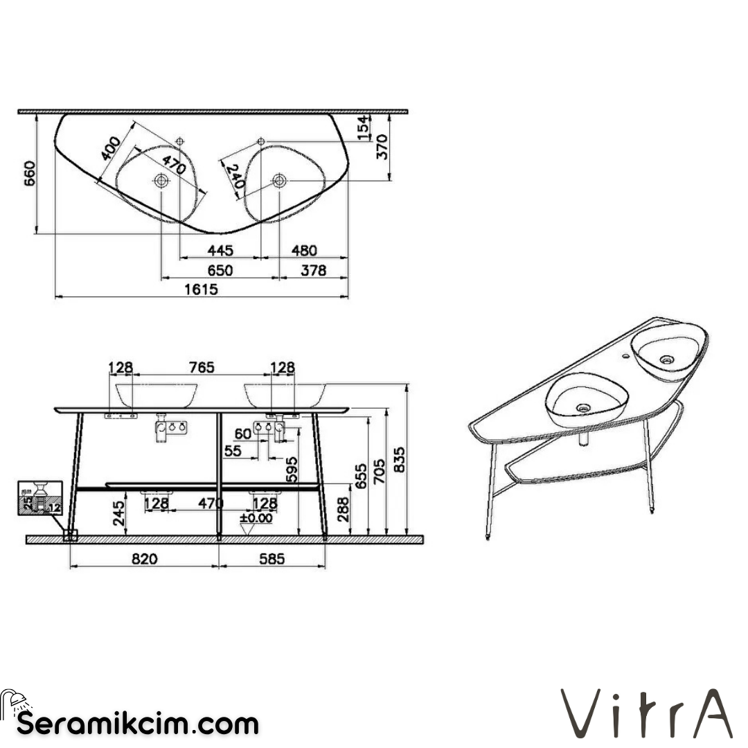 VitrA Plural Ahşap Tezgah 160 cm iki armatür delikli, koyu meşe 64043