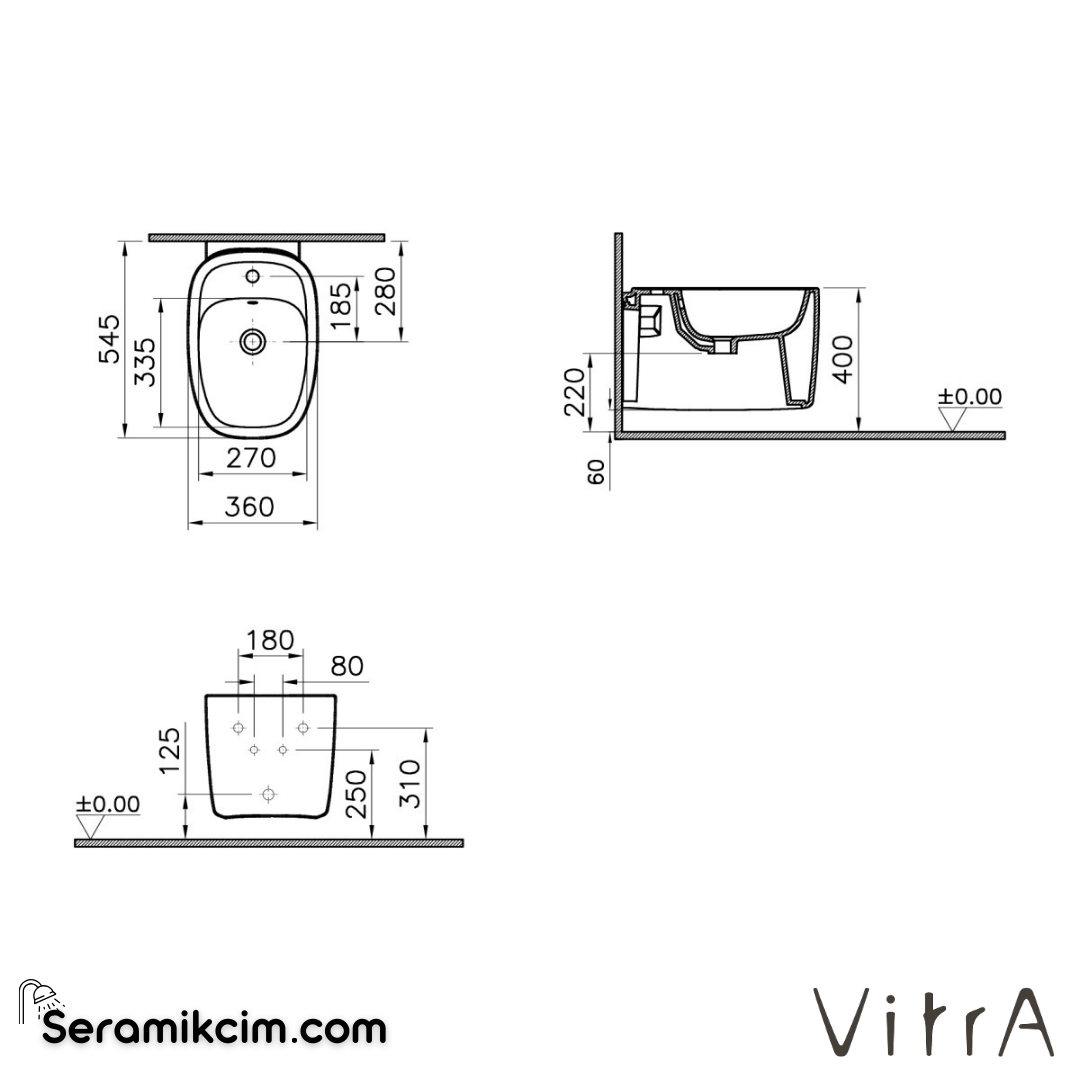 VitrA Plural Asma Bide Gizli Montajlı, 55 cm Tek Armatür Delikli, Su Taşma Delikli, Yanlardan Deliksiz, Clean, Mat Siyah - 7831B483-0288