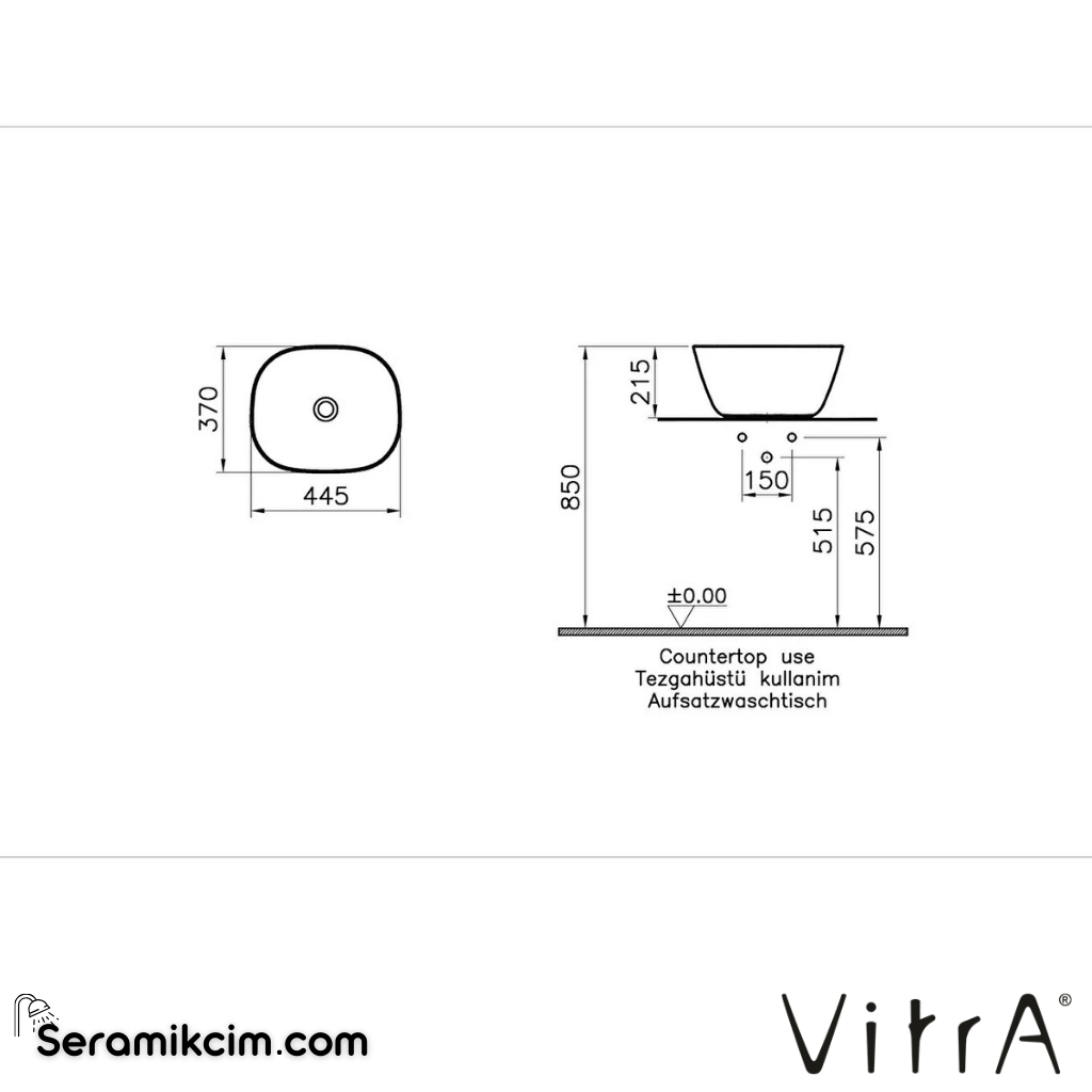 VitrA Plural Çanak Lavabo Oval, Kompakt, 45x38 cm Armatür Deliksiz, Su Taşma Deliksiz, Clean, Mat Beyaz - 7811B401-0016