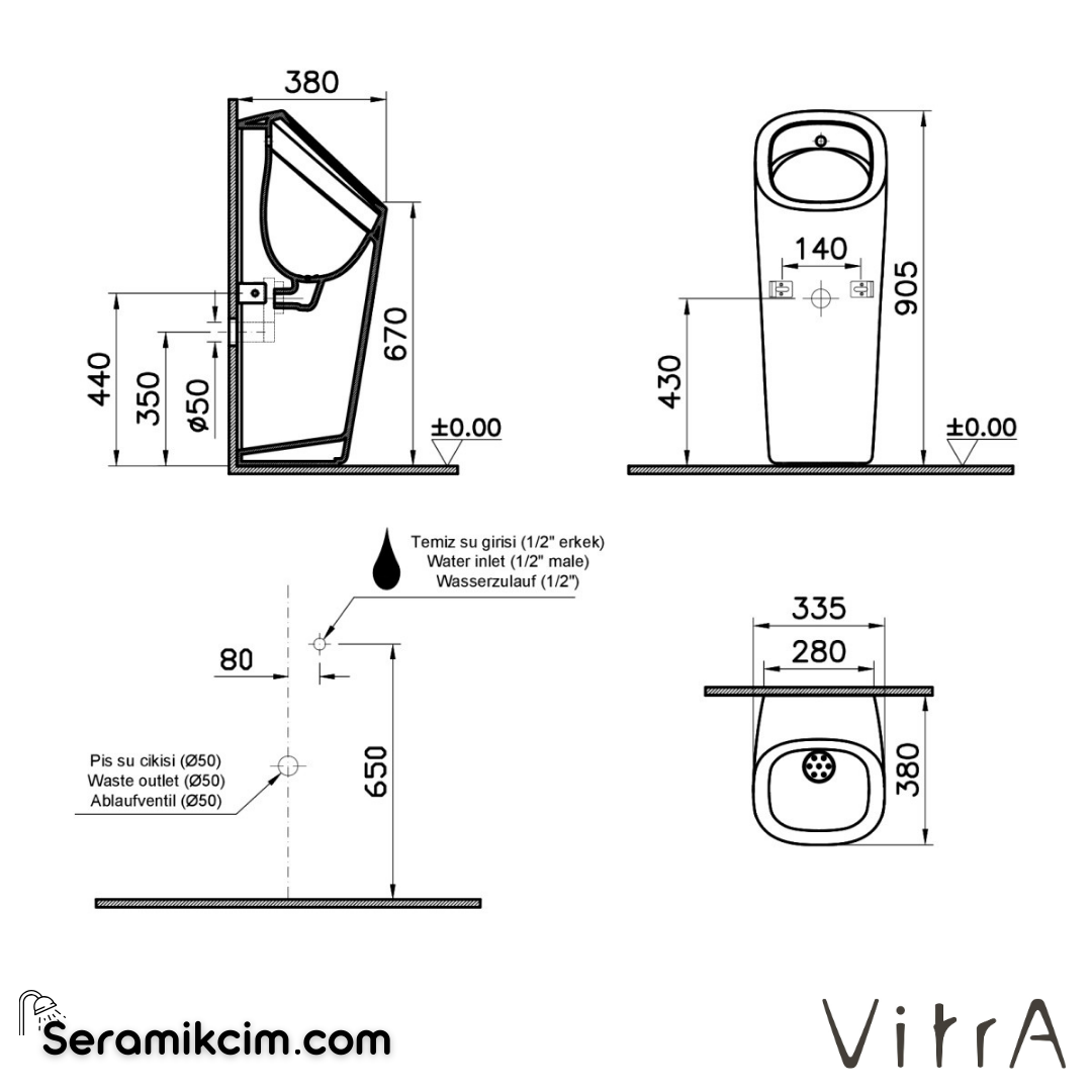 VitrA Plural Pisuvar Rim-ex Temassız, Arkadan Su Girişli, Pilli, Mat Siyah - 7809B083-5330