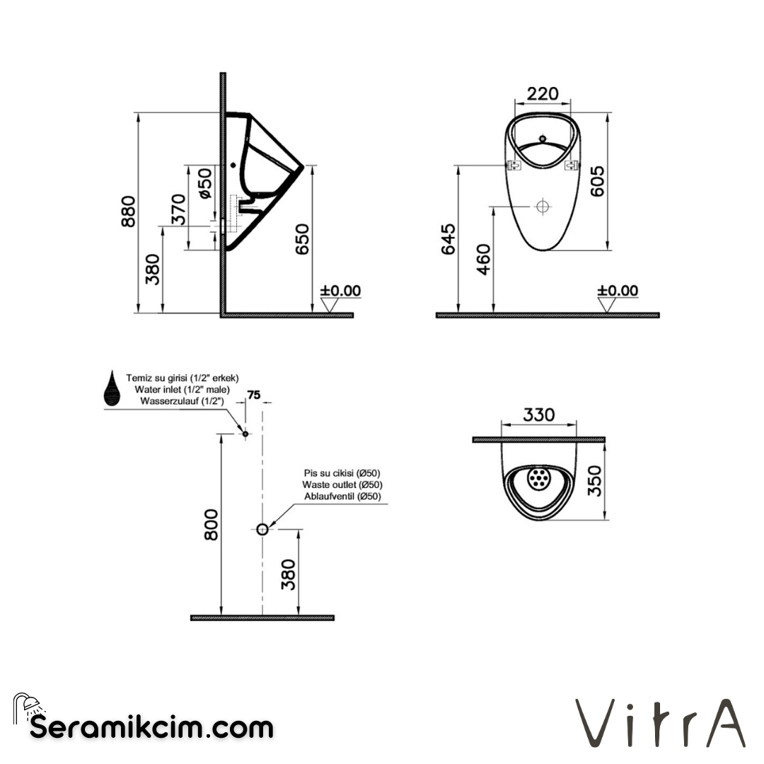 VitrA Plural Pisuvar Rim-ex Temassız, Arkadan Su Girişli, Pilli, Beyaz - 7808B003-5330