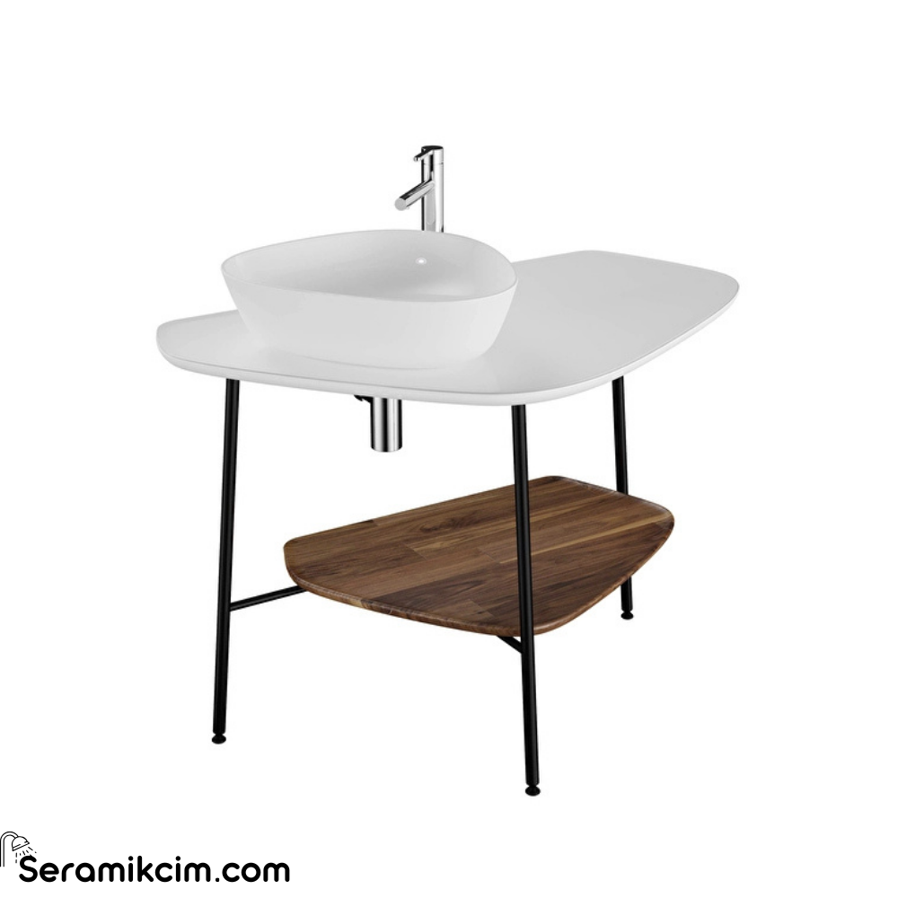 Vitra Plural Seramik Tezgah 100 Cm Sol Armatür Delikli, Beyaz Seramik Tezgah, Koyu Meşe 62570