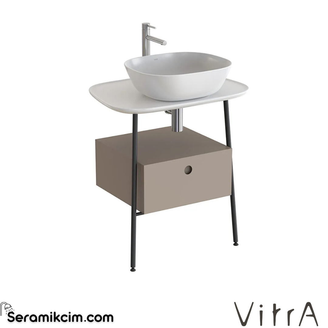 VitrA Plural Tezgah Ünitesi 70 cm bir çekmeceli asma yüksek tek armatür delikli parlak beyaz seramik tezgah mat soft bej lavabosuz 80469