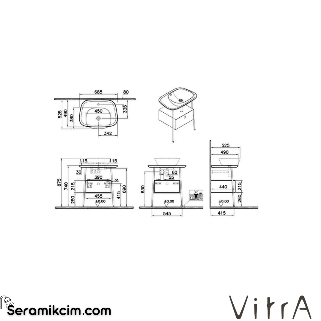 VitrA Plural Tezgah Ünitesi 70 cm bir çekmeceli asma yüksek tek armatür delikli mat beyaz seramik tezgah mat soft bej lavabosuz 80470