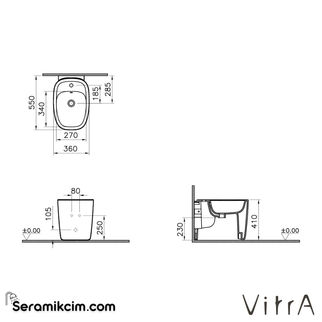VitrA Plural Yerden Bide Duvara Tam Dayalı, 55 cm Tek Armatür Delikli, Su Taşma Delikli, Yanlardan Deliksiz, Clean, Mat Siyah - 7816B483-0288