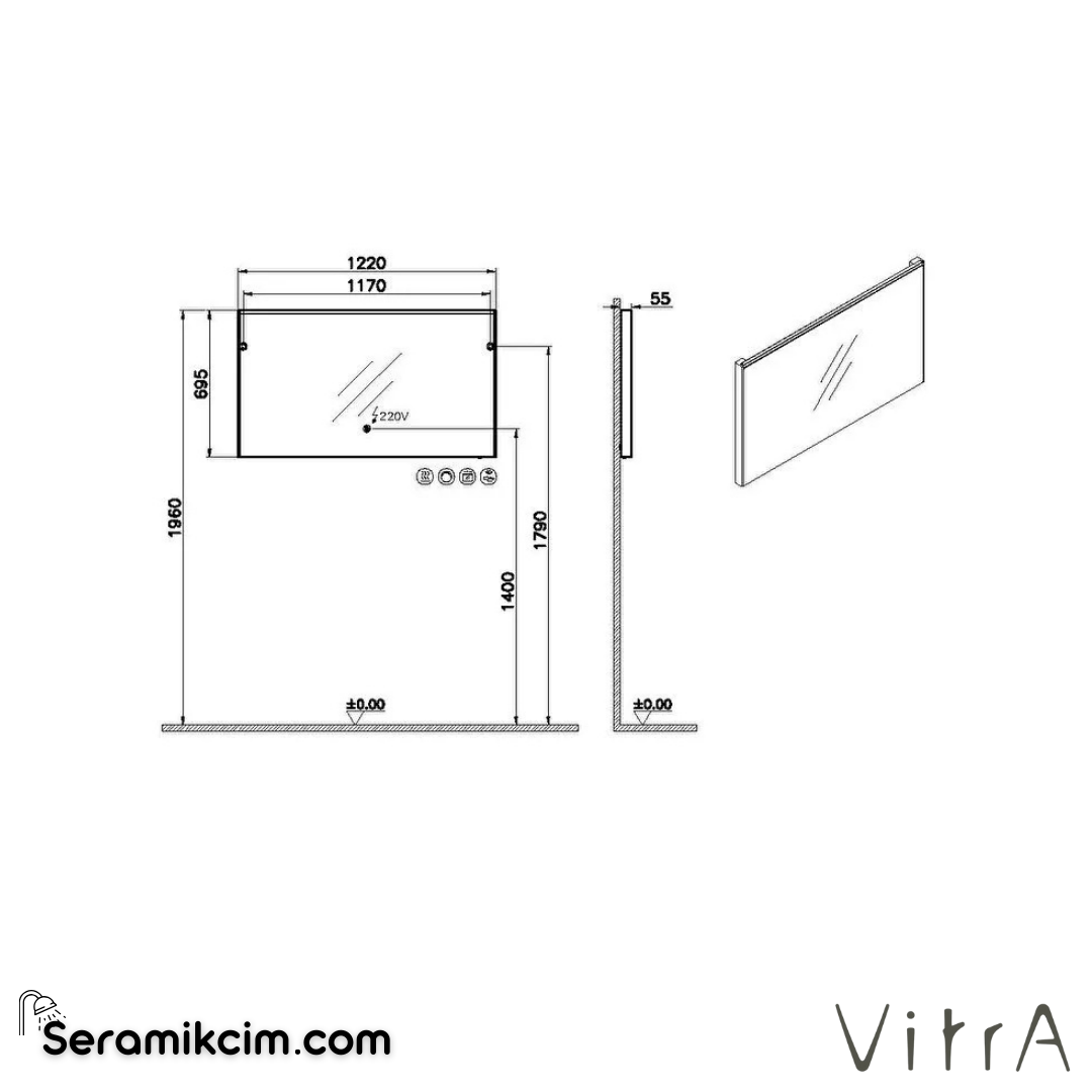 VitrA Prime Düz Ayna 120 cm, aydınlatmalı sensörlü, buğu önleyici, ayarlanabilir ışık, fırçalı krom 67013 - 67013