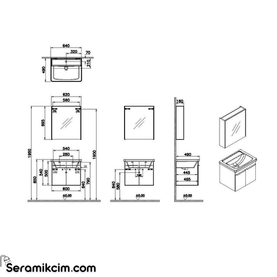 VitrA Quadrum Banyo Dolabı Set, 65 cm Lavabo Dolabı, Kapaklı, Dolaplı Ayna, Parlak Beyaz, 69616