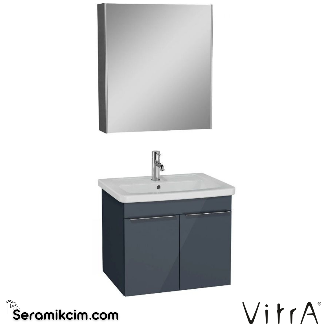 VitrA Quadrum Banyo Dolabı Seti 65 cm, kapaklı lavabo dolabı, dolaplı ayna, parlak antrasit 67107 - 67107