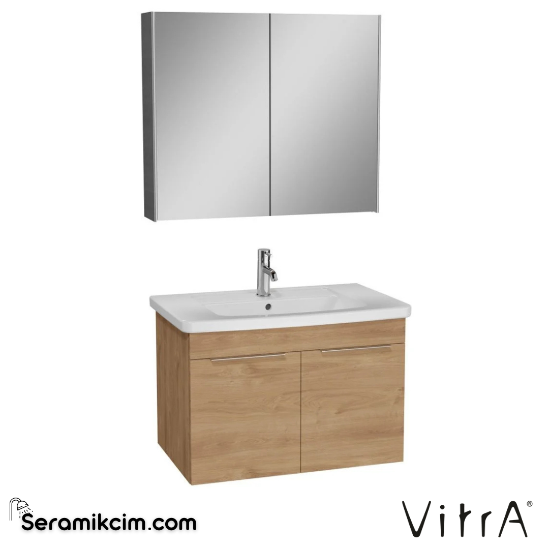 VitrA Quadrum Banyo Dolabı Seti 80 cm, kapaklı lavabo dolabı, dolaplı ayna, altın meşe 67100 - 67100