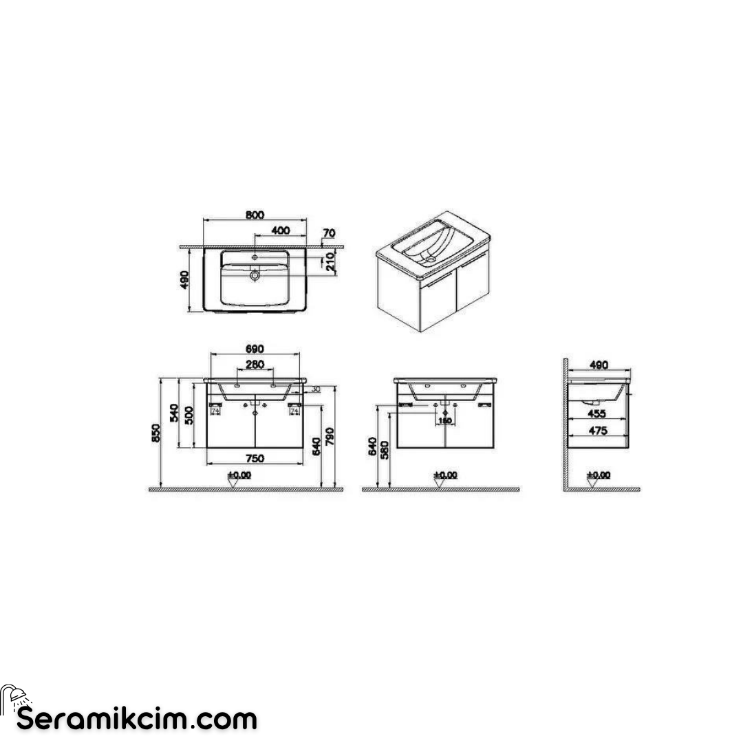 Vitra Quadrum Banyo Dolabı Seti, 80 cm, Kapaklı, (Dolaplı Ayna Dahil), Parlak Beyaz 69619