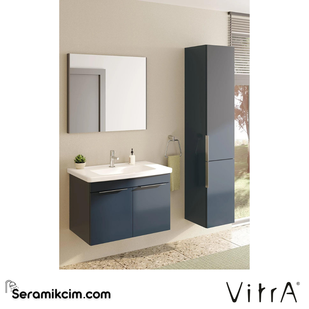 VitrA Quadrum SET 80 cm Lavabo Dolabı Kapaklı, Dolaplı Ayna, Parlak Antrasit 69620 - 69620