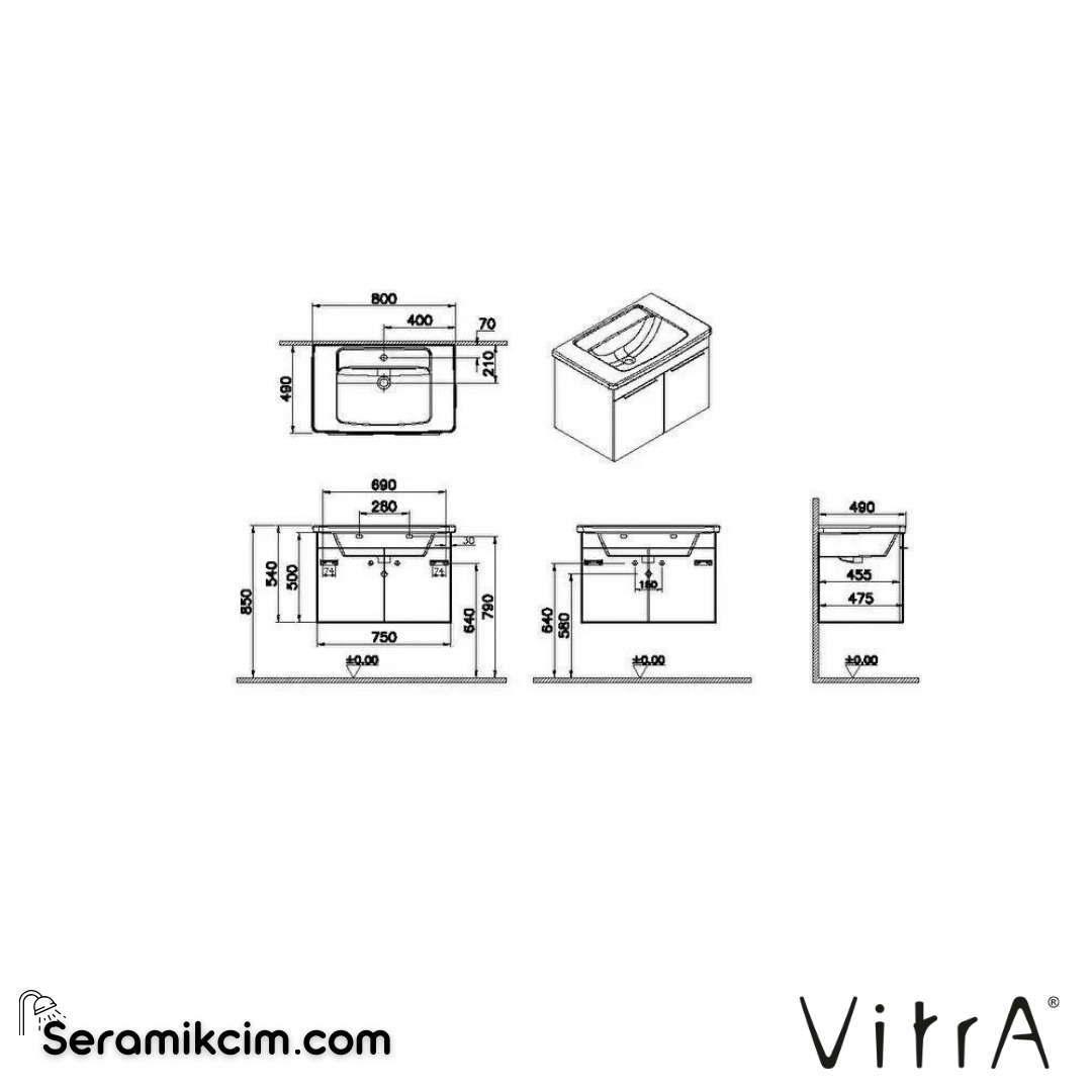 VitrA Quadrum SET, 80 cm LVD, kapaklı, Dolaplı ayna, parlak antrasit 69620 - 69620