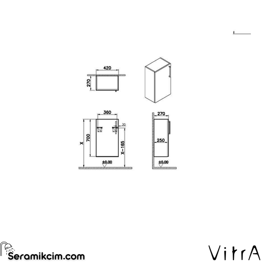 Vitra Root Alt Ünite, 40 Cm, Dar, Mat Fırtına Gri, Sol