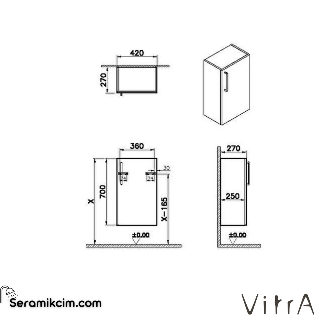 Vitra Root Alt Ünite, 40 Cm, Dar, Mat Kaya Gri, Sağ