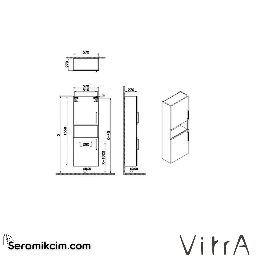 Vitra Root Boy Dolabı, 55, Dar, Kısa, Mat Kaya Gri - 68014