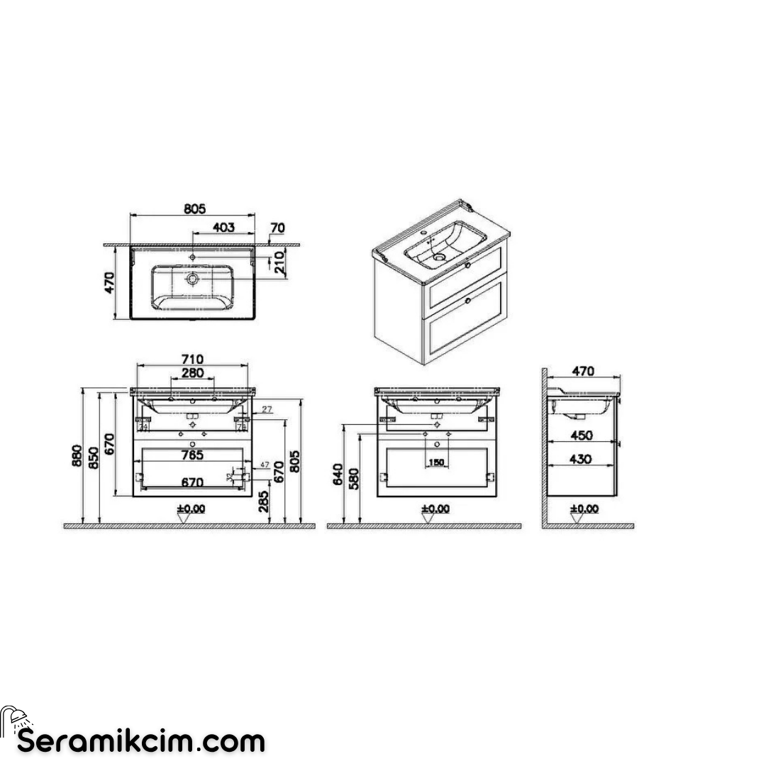 Vitra Root Classic Çift Çekmeceli Lavabo Dolabı, 80 cm, Mat Lacivert (Klasik Lavabo Dahil) 68874