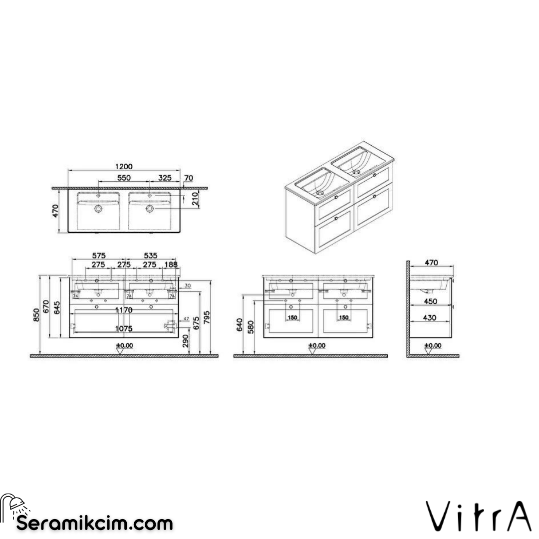 Vitra Root Classic Lavabo Dolabı, Dört Çekmeceli, 120 Cm, Mat Beyaz, Köşeli Lavabolu