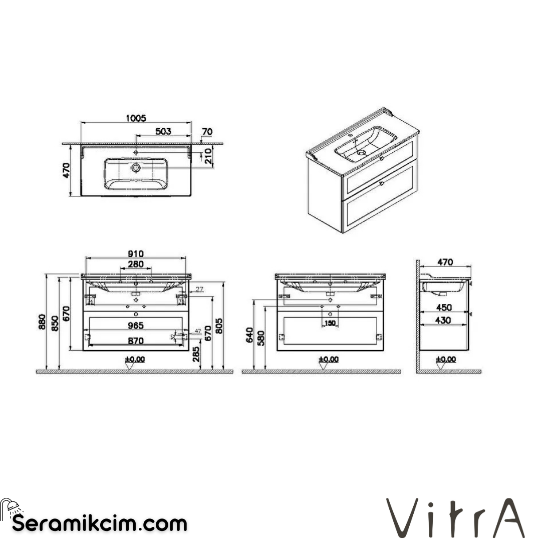 Vitra Root Classic Lavabo Dolabı, İki Çekmeceli, 100 Cm, Mat Beyaz, Klasik Lavabolu