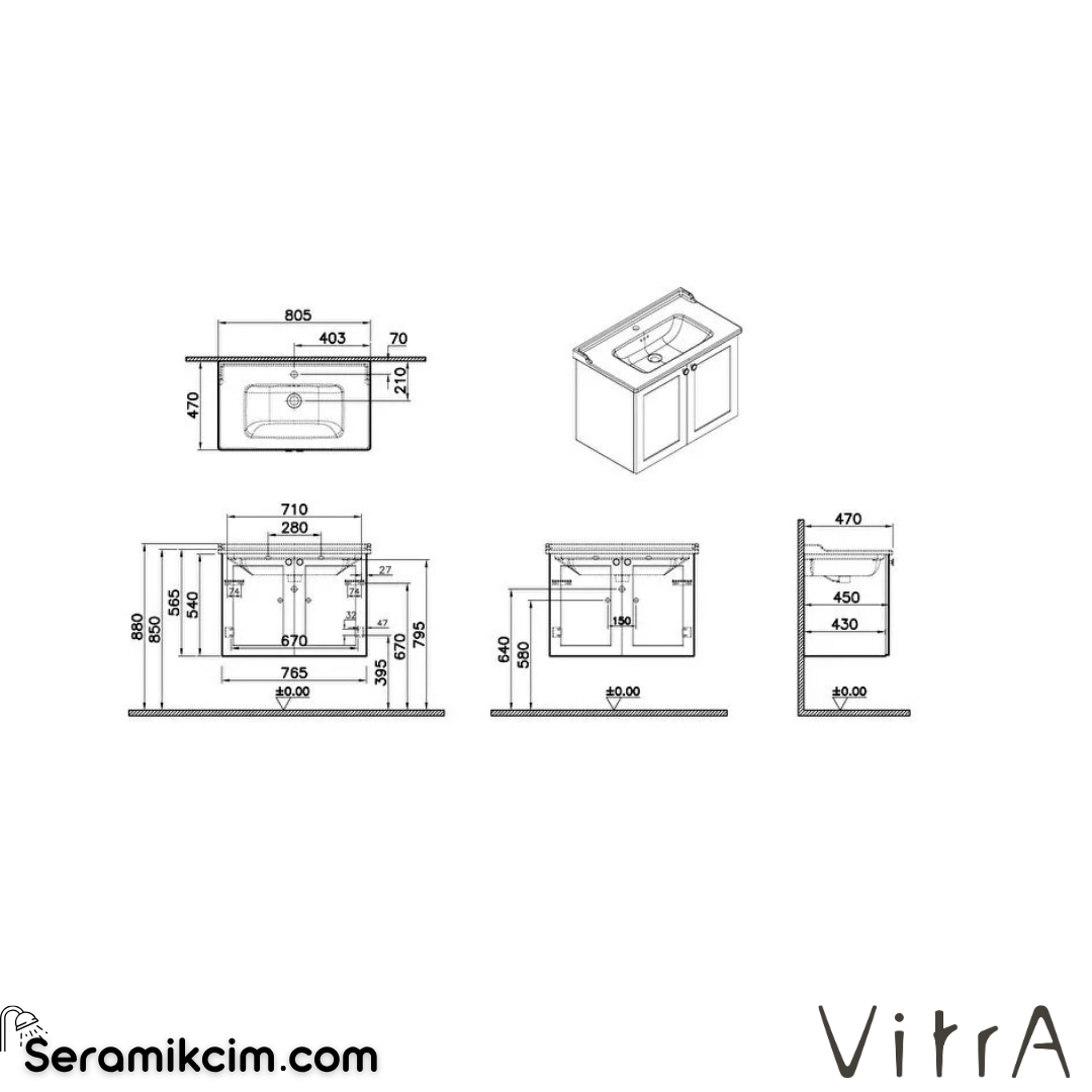 Vitra Root Classic Lavabo Dolabı, Kapaklı, 80 Cm, Mat Beyaz, Klasik Lavabolu 68722