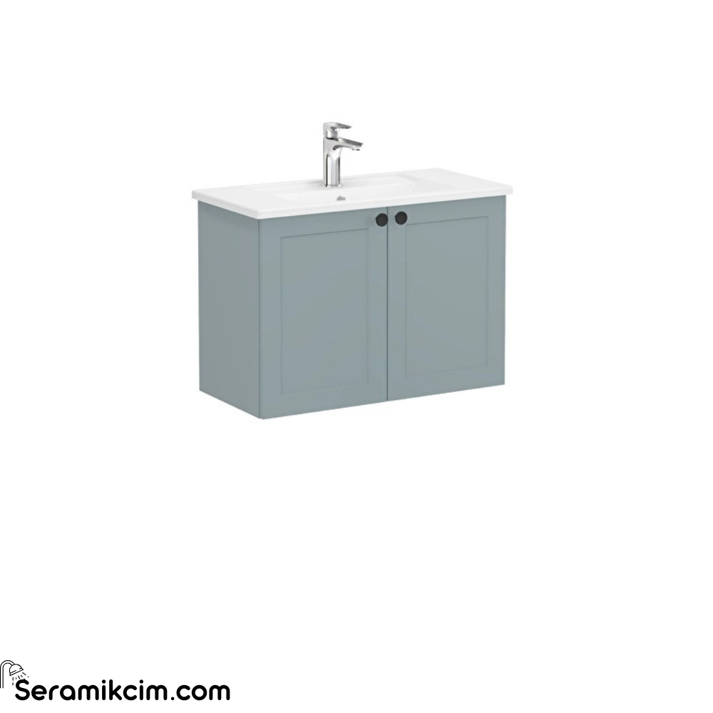 Vitra Root Classic Lavabo Dolabı, Kapaklı, 80 Cm, Dar, Mat Fiyord Yeşili, Köşeli Lavabolu