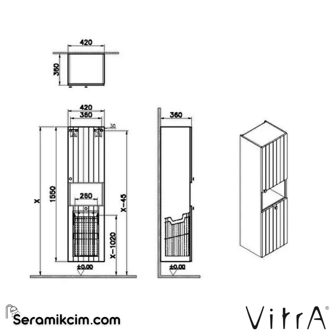 Vitra Root Groove Boy Dolabı, 40 Cm, Kısa, Çamaşır Sepetli, Mat Açık Gri, Sağ - 69101