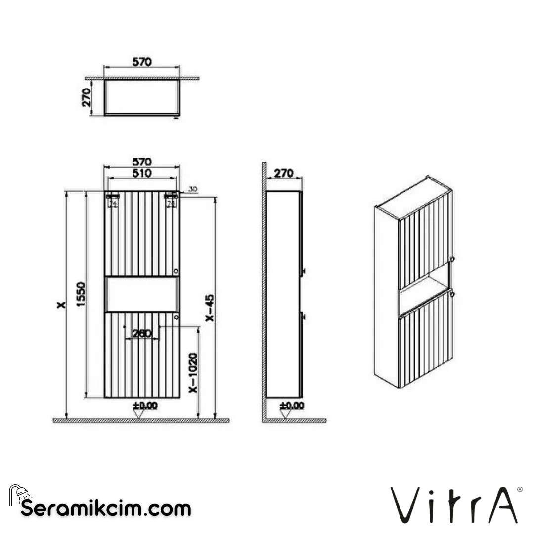 Vitra Root Groove Boy Dolabı, 55, Dar, Kısa, Mat Gri - 69109