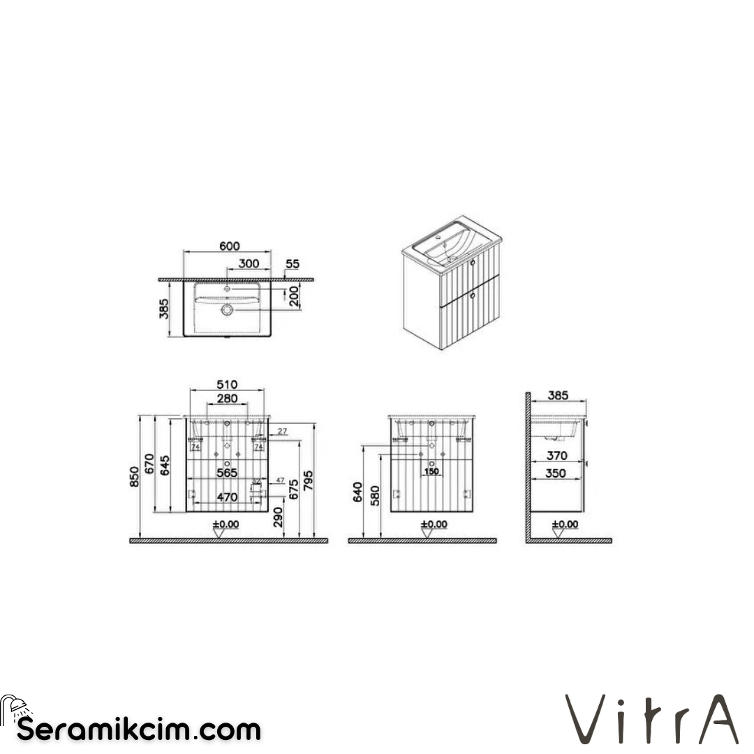 Vitra Root Groove Lavabo Dolabı, Çift Çekmeceli, Dar, 60 Cm, Mat Retro Yeşil, Köşeli Lavabolu 69239