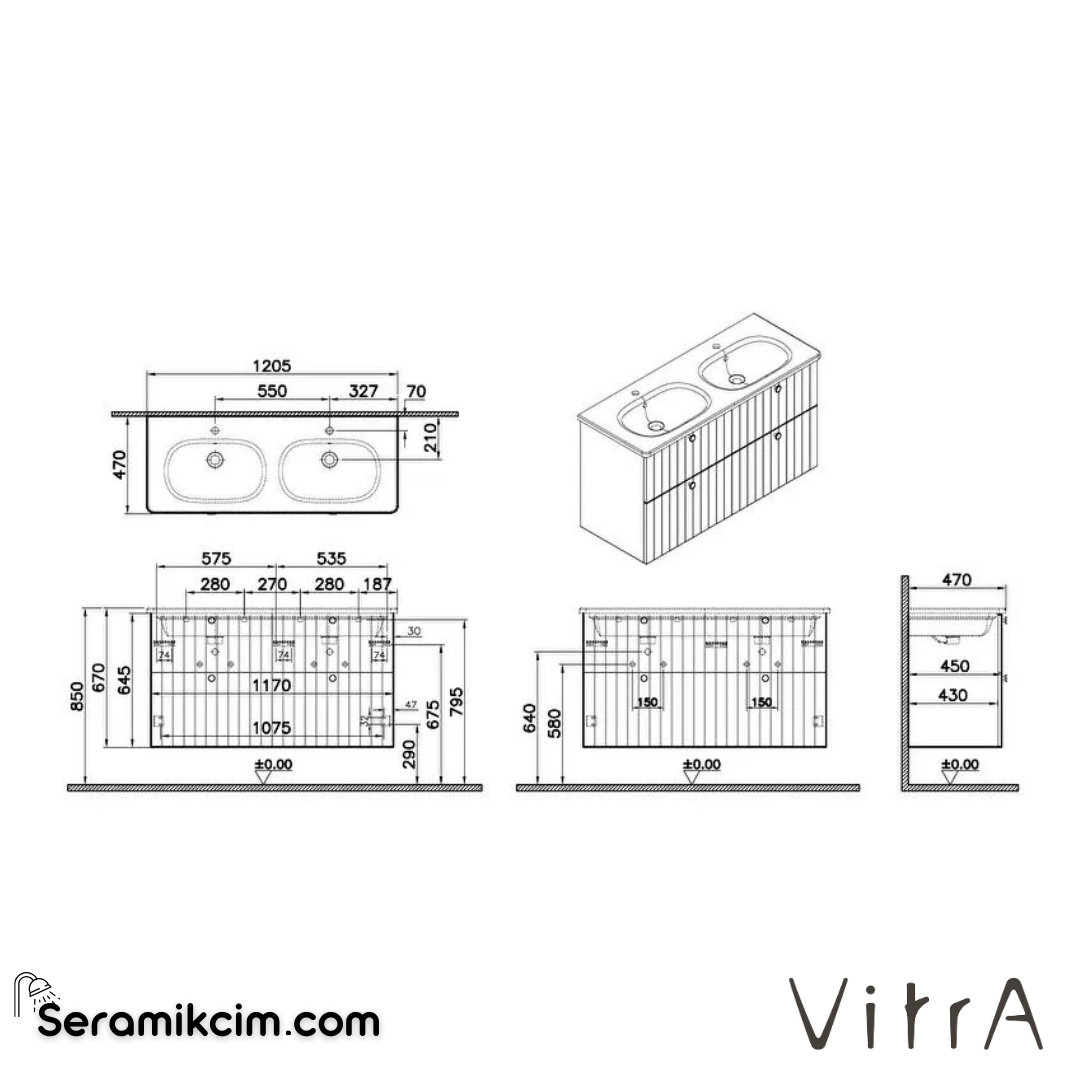 Vitra Root Groove Lavabo Dolabı, Dört Çekmeceli, 120 Cm, Mat Açık Gri, Yuvarlak Lavabolu - 69521
