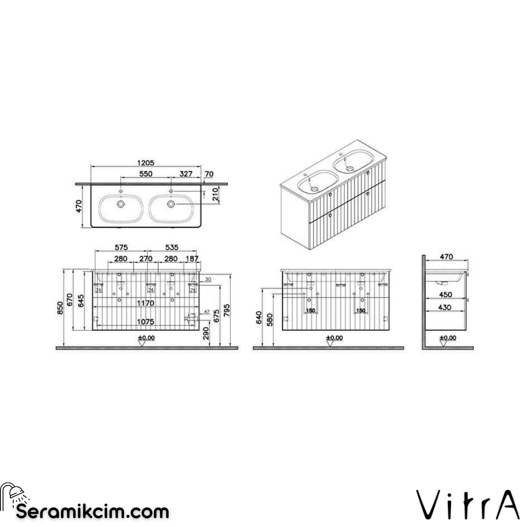 Vitra Root Groove Lavabo Dolabı, Dört Çekmeceli, 120 Cm, Mat Grafit, Yuvarlak Lavabolu