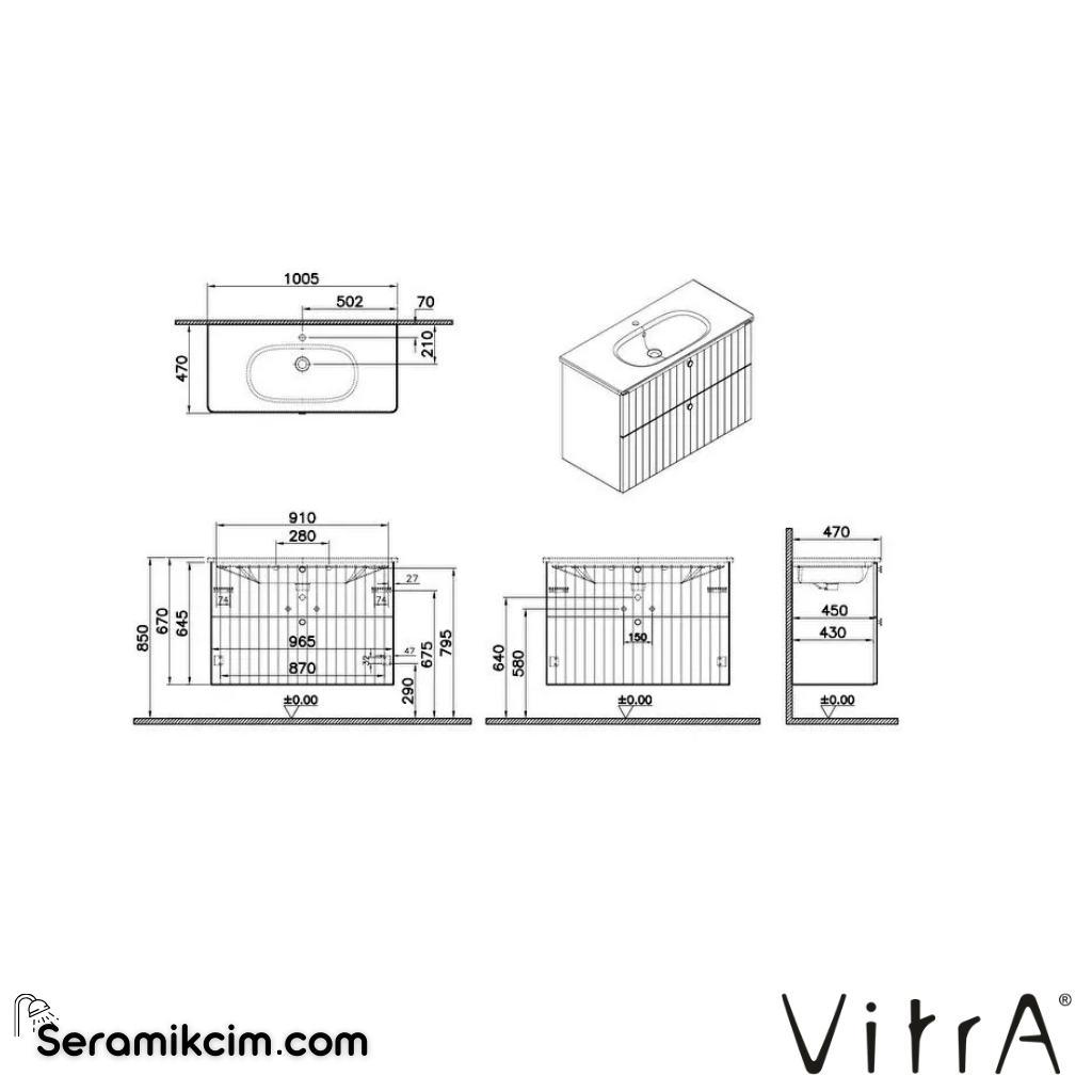 Vitra Root Groove Lavabo Dolabı, İki Çekmeceli, 100 Cm, Mat Fiyord Yeşili, Yuvarlak Lavabolu - 69460