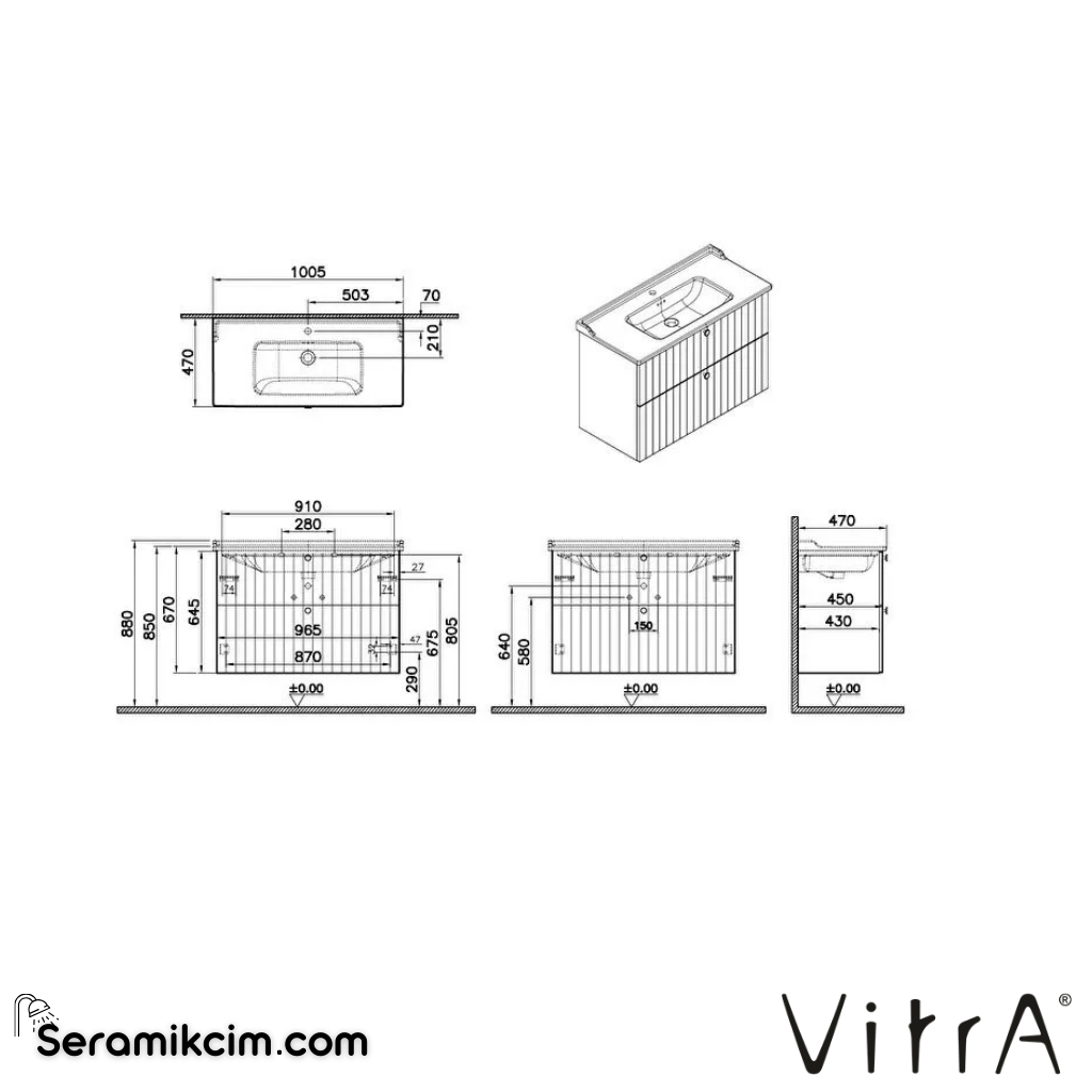 Vitra Root Groove Lavabo Dolabı, İki Çekmeceli, 100 Cm, Mat Fiyord Yeşili, Klasik Lavabolu - 69467