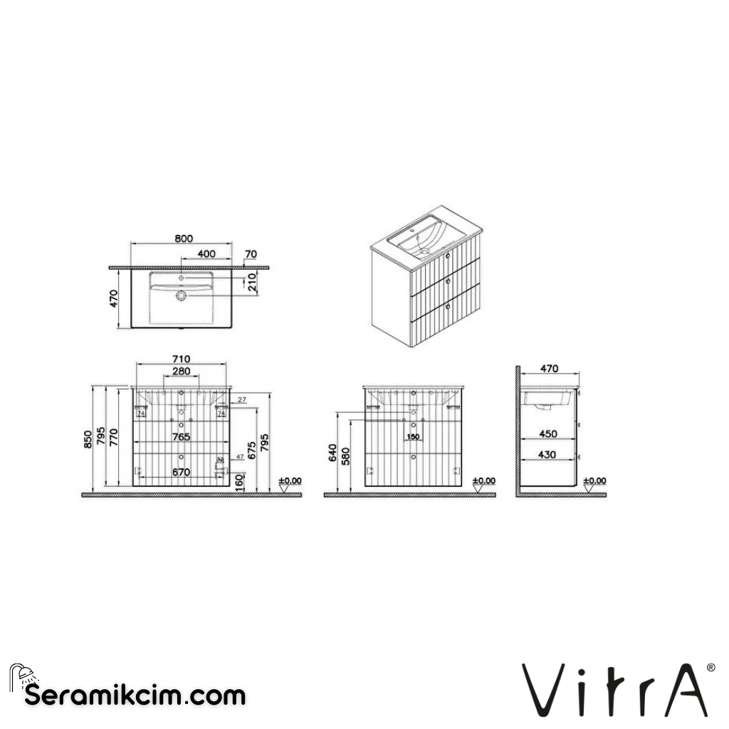 Vitra Root Groove Lavabo Dolabı, Üç Çekmeceli, 80 Cm, Mat Grafit, Köşeli Lavabolu - 69496