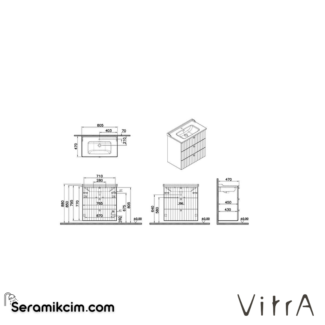 Vitra Root Groove Lavabo Dolabı, Üç Çekmeceli, 80 Cm, Mat Gri, Klasik Lavabolu - 69508
