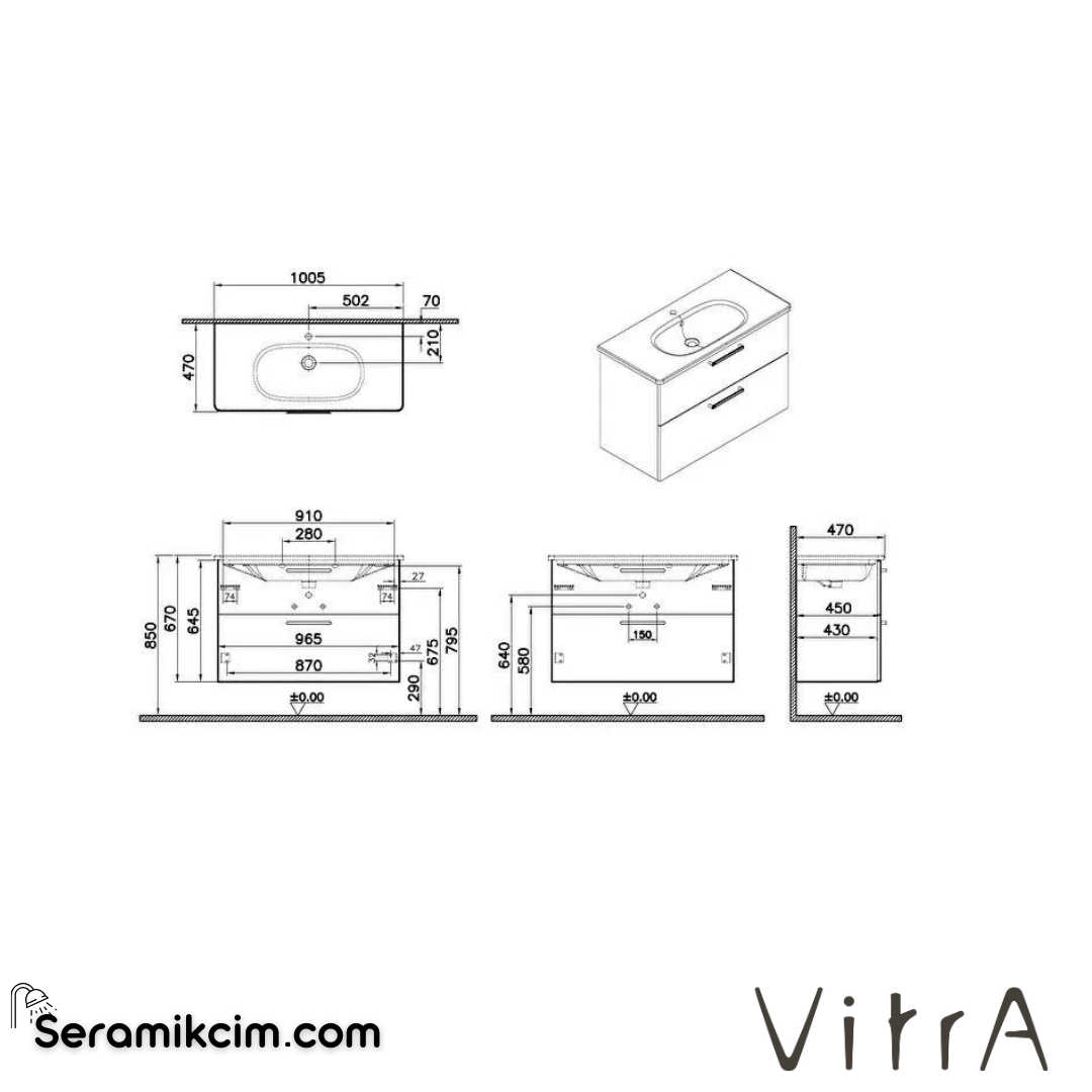 Vitra Root Lavabo Dolabı, İki Çekmeceli, 100 Cm, Parlak Antrasit, Yuvarlak Lavabolu - 68315