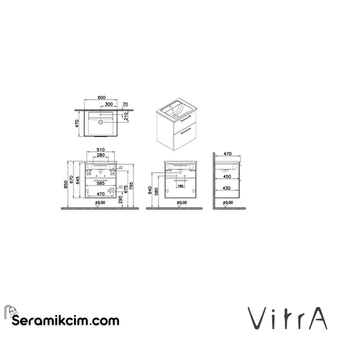 Vitra Root Lavabo Dolabı, İki Çekmeceli, 60 Cm, Mat Lacivert, Köşeli Lavabolu - 68270