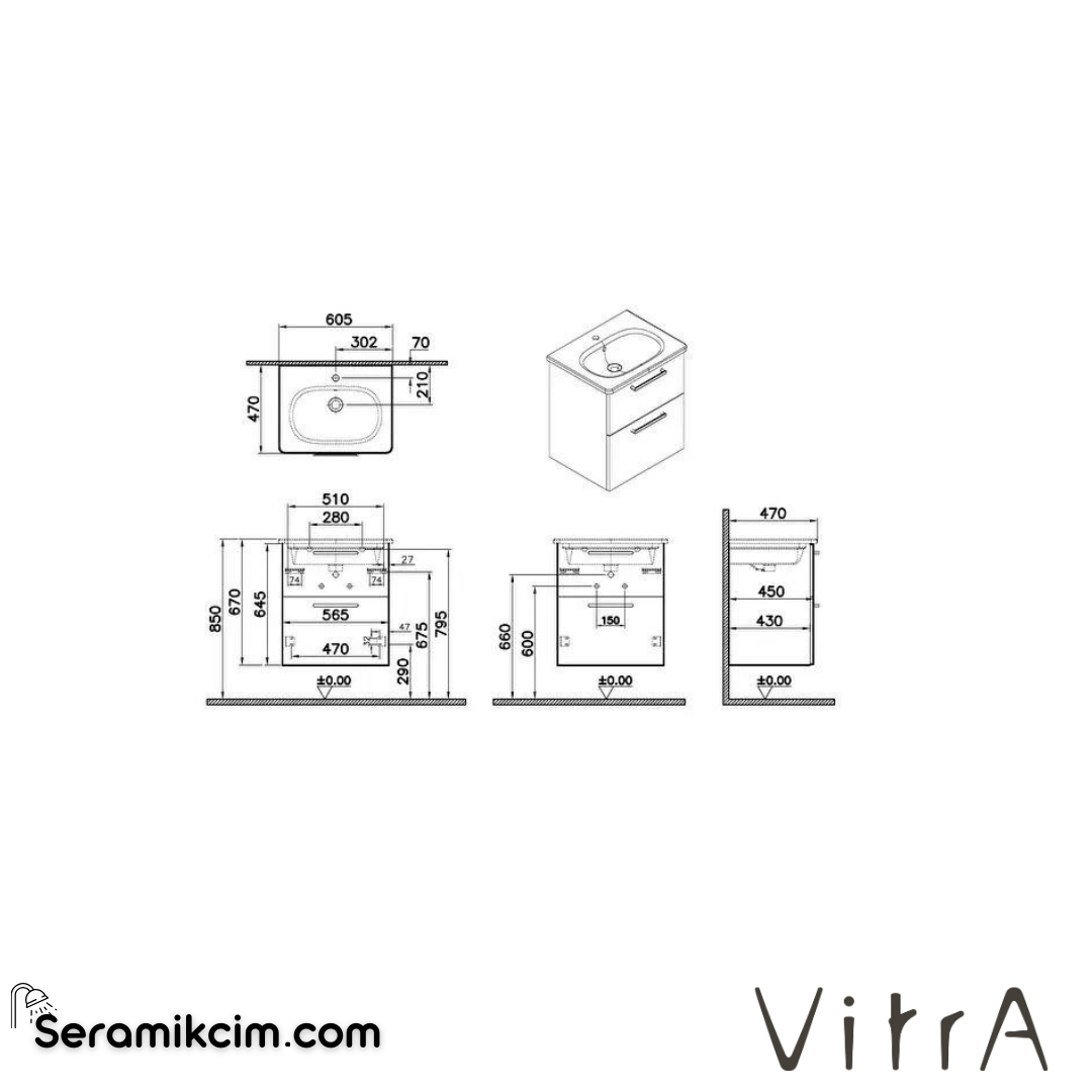 Vitra Root Lavabo Dolabı, İki Çekmeceli, 60 Cm, Parlak Antrasit, Yuvarlak Lavabolu - 66293