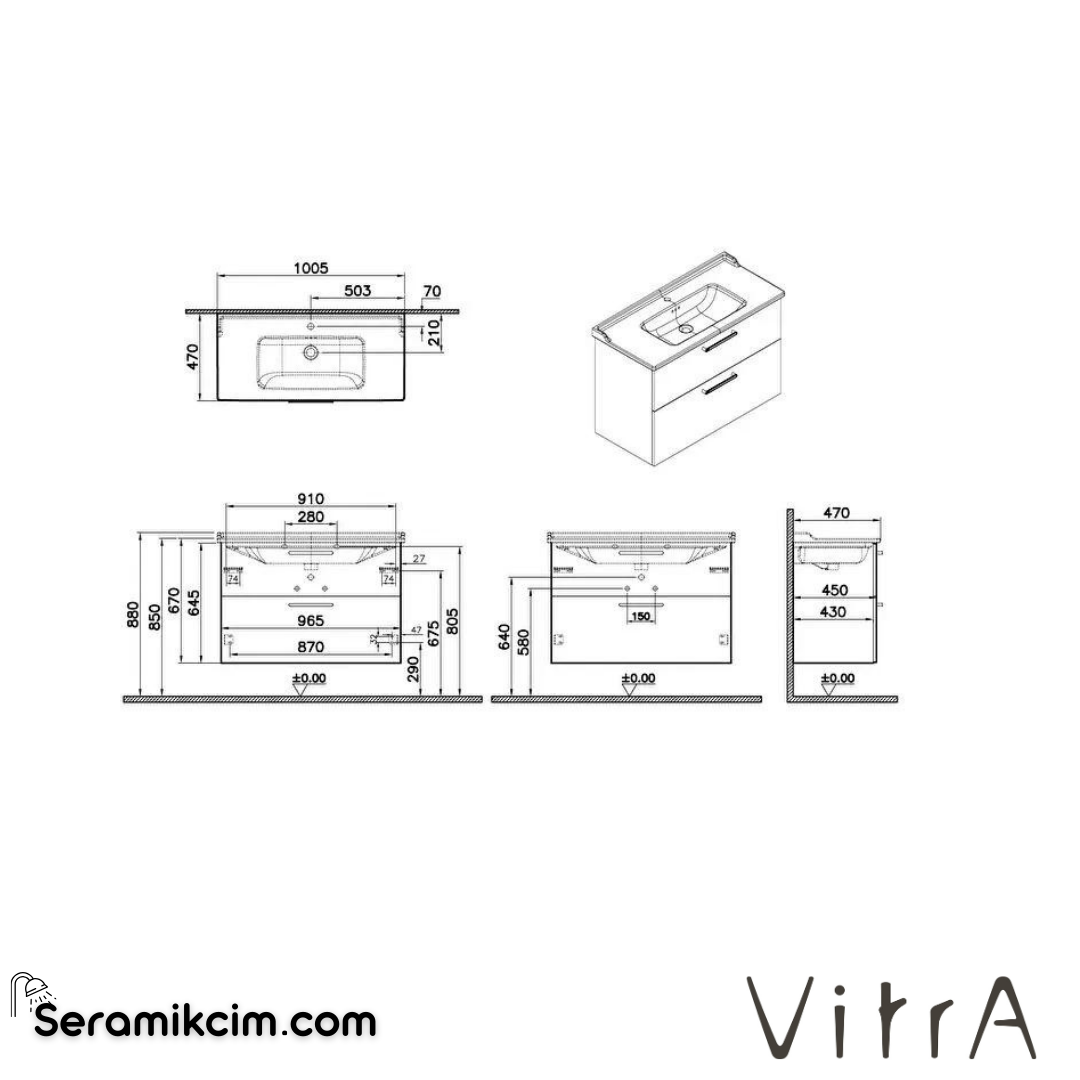 Vitra Root Lavabo Dolabı, İki Çekmeceli, 100 Cm, Mat Fırtına Gri, Klasik Lavabolu - 68328