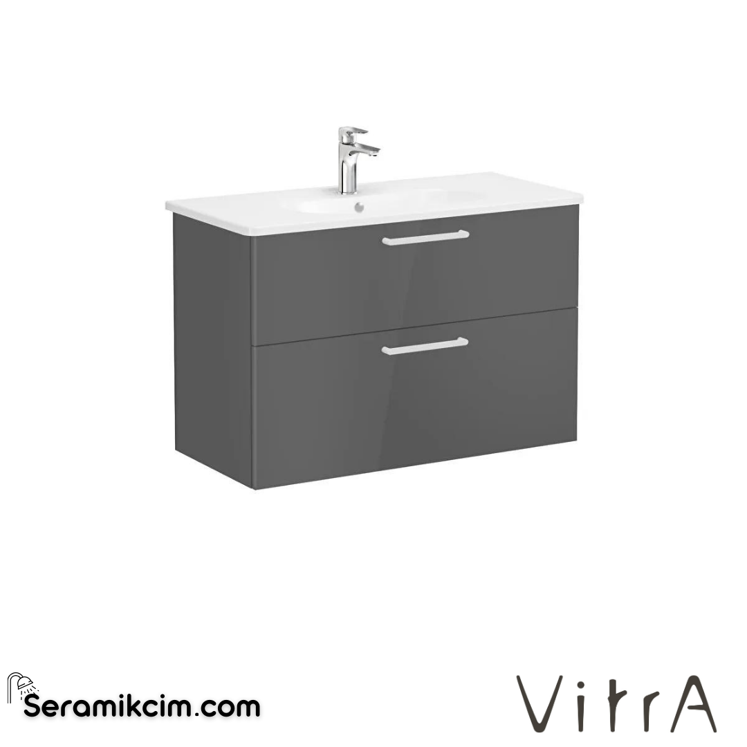 Vitra Root Lavabo Dolabı, İki Çekmeceli, 100 Cm, Parlak Antrasit, Yuvarlak Lavabolu - 68315